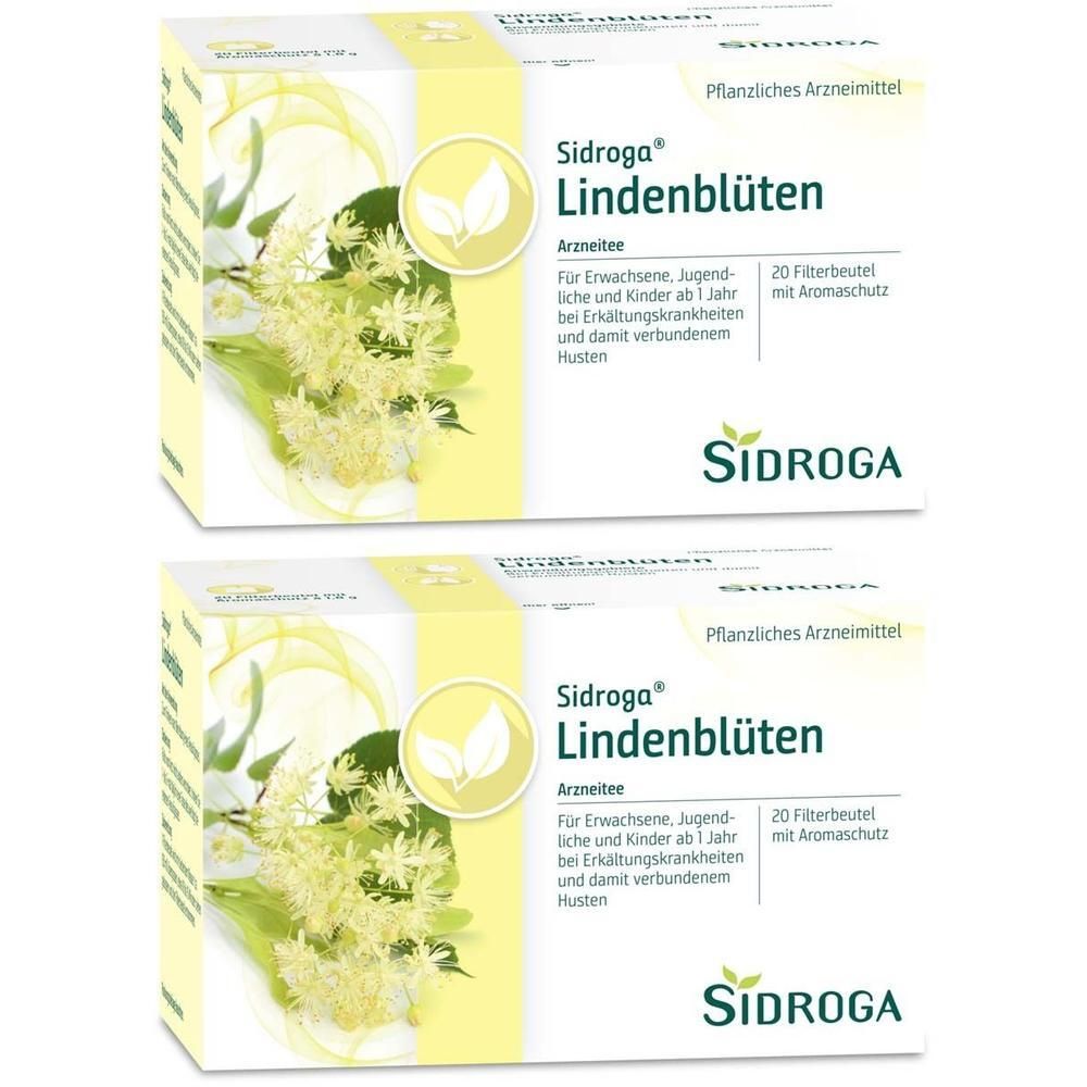 Zwei Schachteln Sidroga® Lindenblütentee. Aufdruck: 20 Filterbeutel mit Aromaschutz. Abbildung von Lindenblüten.