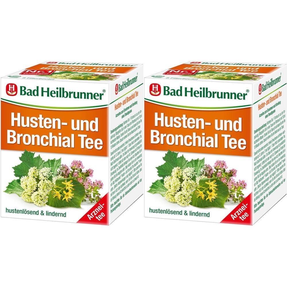 Zwei Kartons Husten- und Bronchial Tee von Bad Heilbrunner. Aufdruck: Hustenlösend & lindernd. Mit floraler Illustration und rotem Ecklabel.