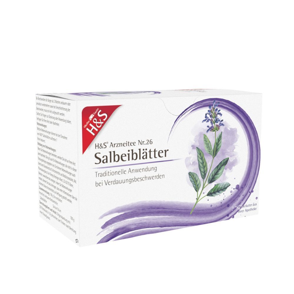 H&S Salbeiblätter Nr. 26 Packung. Weiße Schachtel mit lila Design und Produktinformationen.