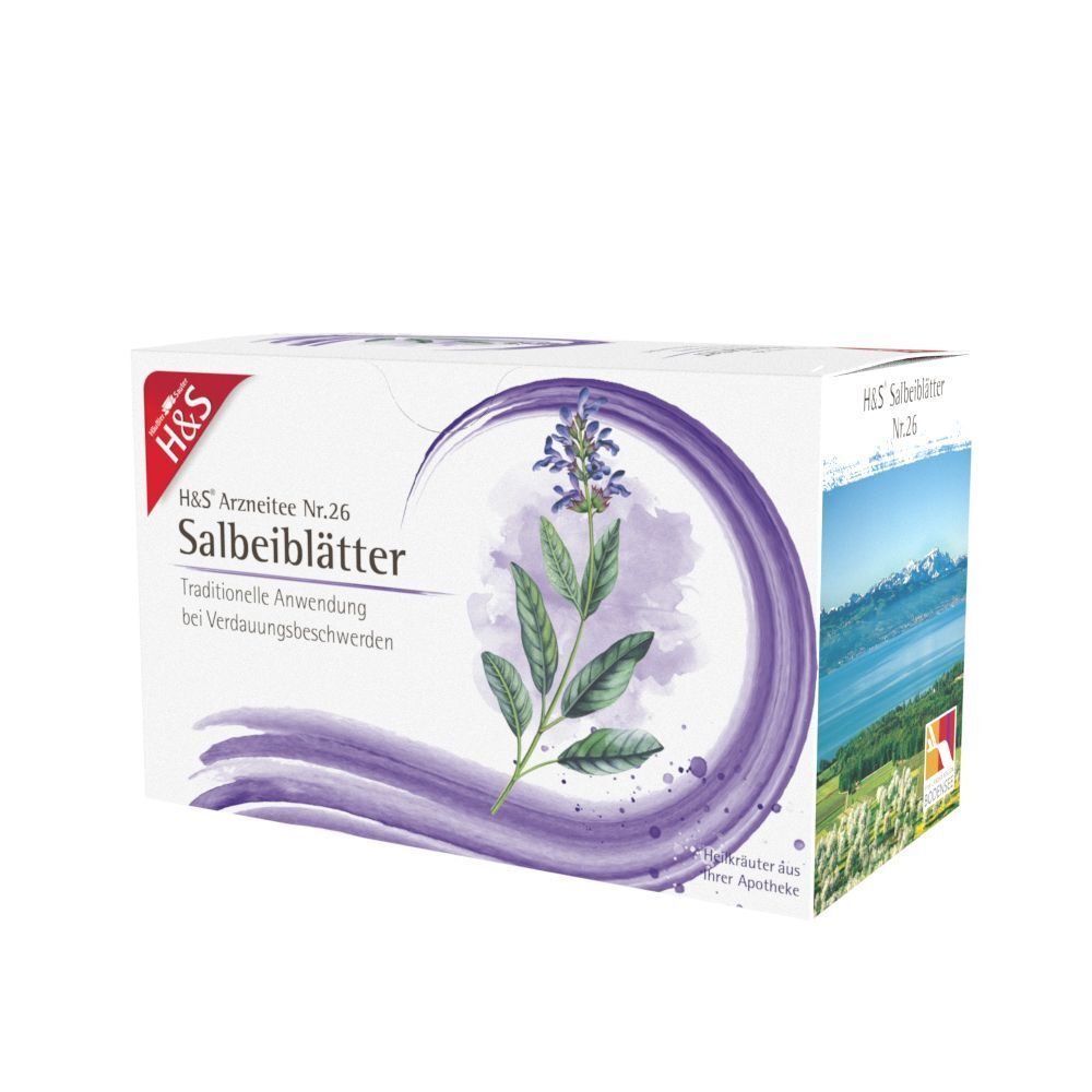 H&S Salbeiblätter Nr. 26 Packung. Weiße Schachtel mit lila Design und Produktinformationen.