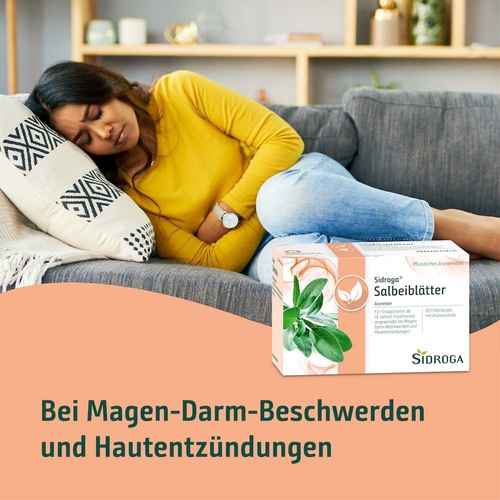 Frau liegt auf Couch, hält sich den Bauch. Daneben Packung Sidroga® Salbeiblättertee. Text: Bei Magen-Darm-Beschwerden.