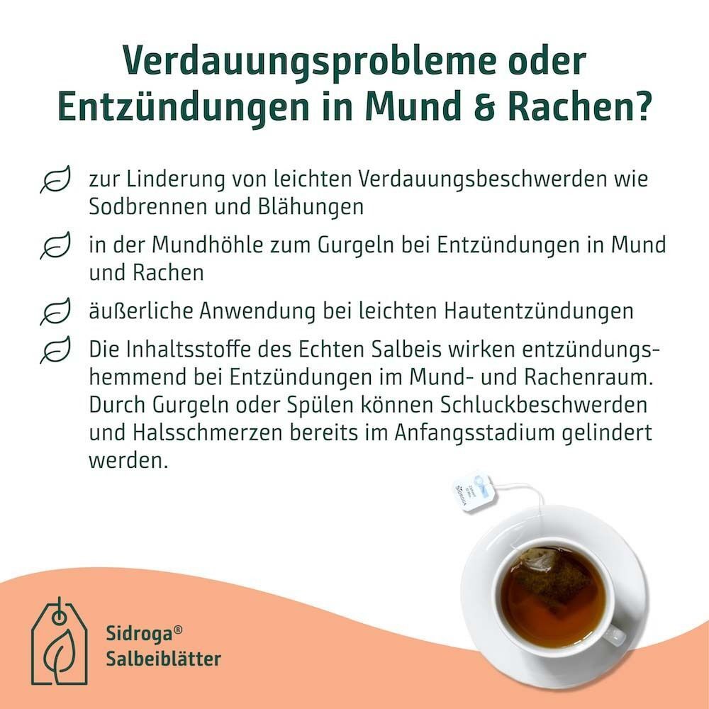 Text und Illustrationen zu Sidroga® Salbeiblättertee. Teebeutel auf Untertasse. Anwendung bei Verdauungs- und Entzündungsproblemen.