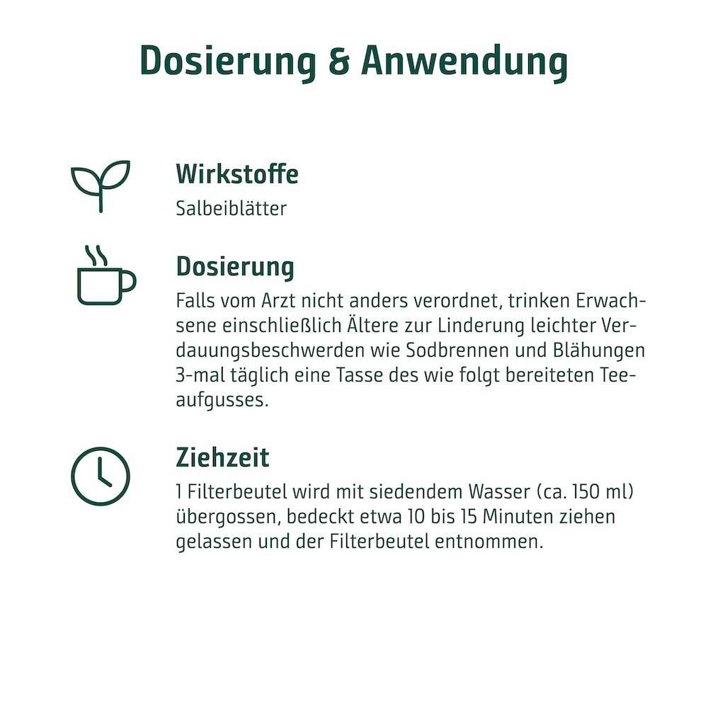 Anleitung zur Dosierung und Anwendung von Sidroga® Salbeiblättertee. Wirkstoff: Salbeiblätter. Zubereitung: Teebeutel mit heißem Wasser übergießen.