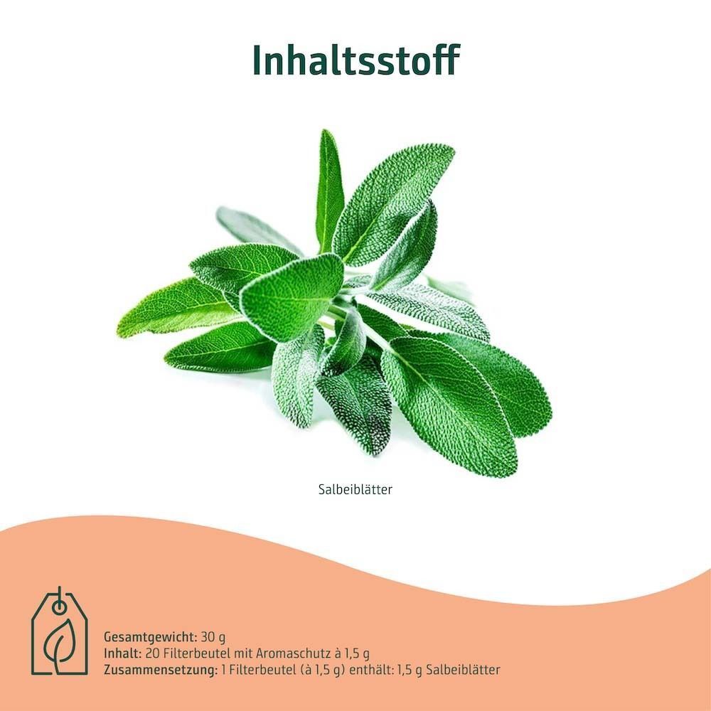 Nahaufnahme von Salbeiblättern. Text: Salbeiblätter. Gesamtgewicht: 30 g. Inhalt: 20 Filterbeutel mit Aromaschutz.