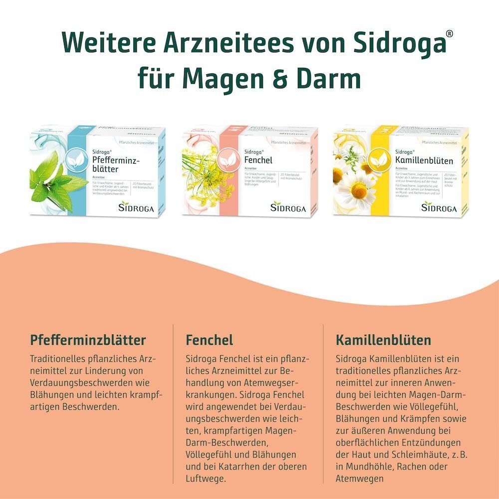 Weitere Arzneitees von Sidroga® für Magen & Darm. Pfefferminzblätter, Fenchel, Kamillenblüten. Produktabbildungen und Beschreibungen.