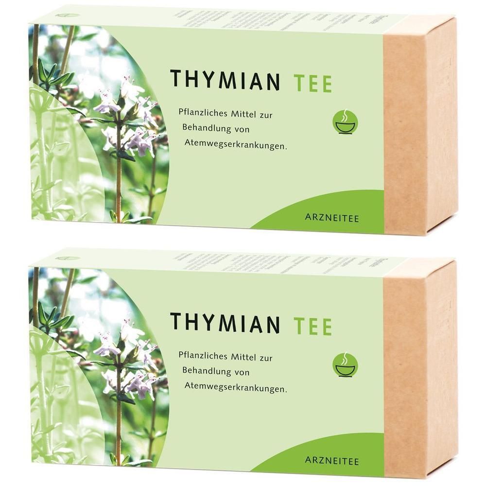 Zwei Kartons Thymian Tee. Aufschrift: Pflanzliches Mittel zur Behandlung von Atemwegserkrankungen. Grün-braune Verpackung.