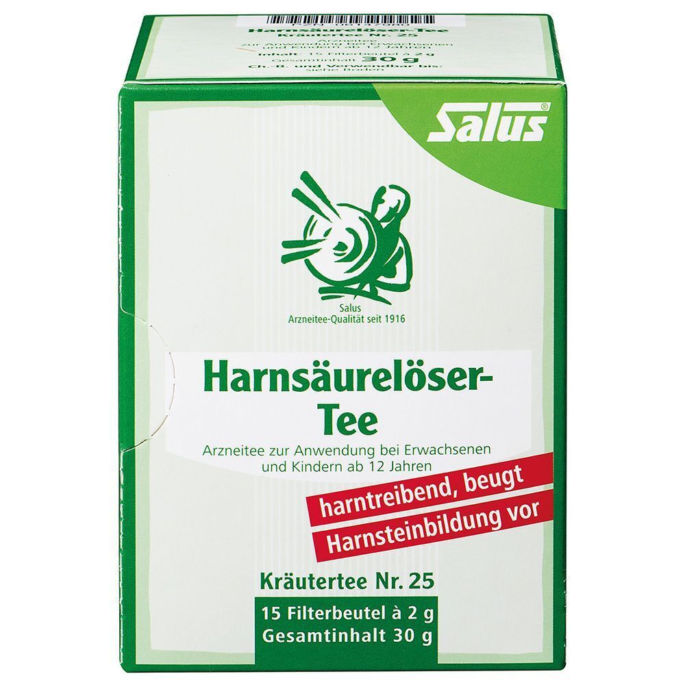 Grüne Schachtel Salus Harnsäurelöser-Tee. Aufschrift: Harnsäurelöser-Tee, Kräutertee Nr. 25, 15 Filterbeutel. Logo Salus. Arzneitee zur Anwendung ab 12 Jahren.