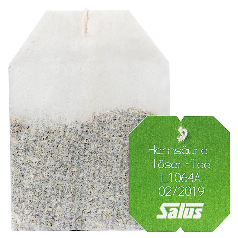 Teebeutel mit grünem Etikett. Aufschrift: Harnsäurelöser-Tee, L1064A, 02/2019, Salus.