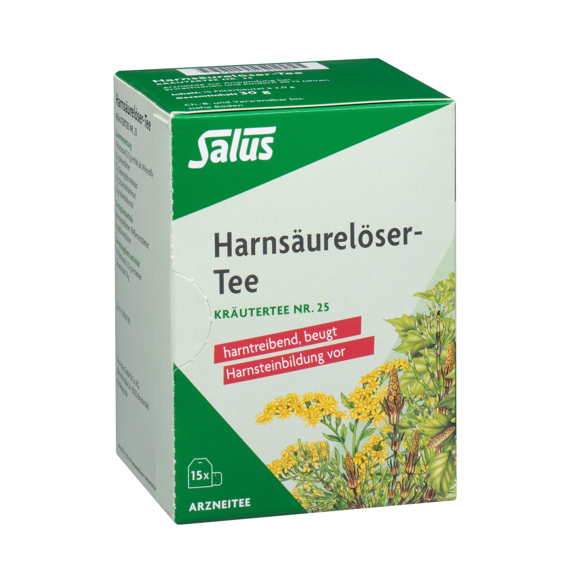 Grüne Schachtel Salus Harnsäurelöser-Tee. Aufschrift: Harnsäurelöser-Tee, Kräutertee Nr. 25, 15x.