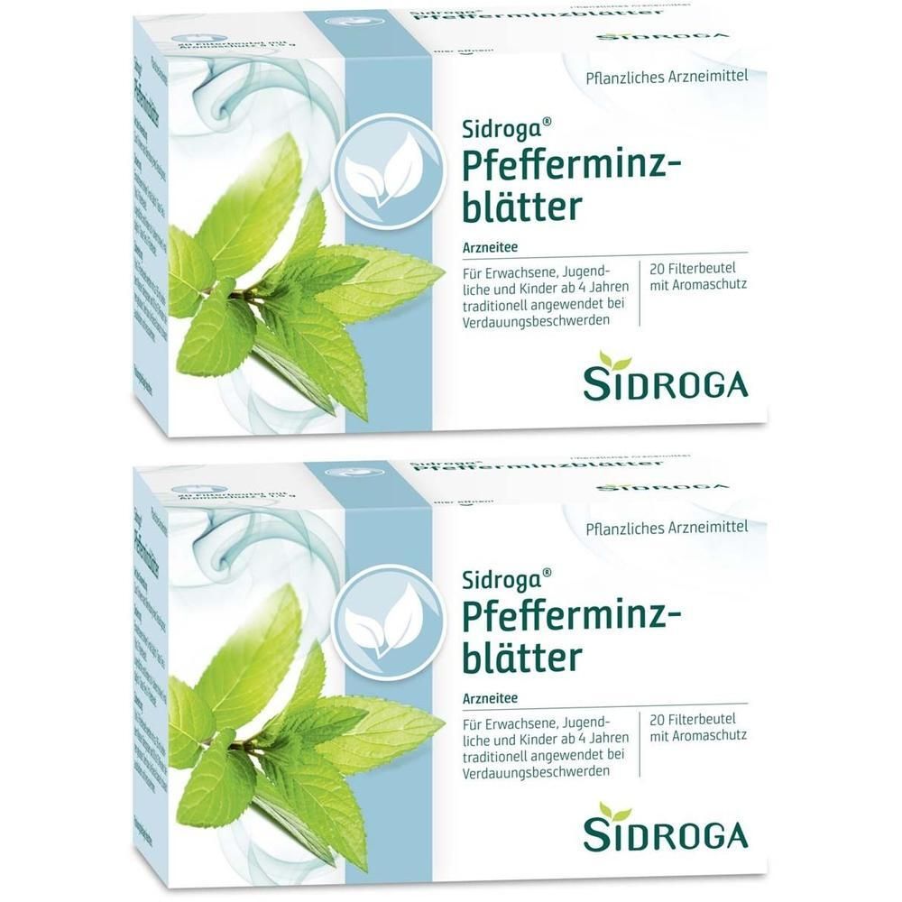 Zwei Packungen Sidroga® Pfefferminzblättertee. Blaue Verpackung mit Logo, Minzblatt-Illustration und Text. 20 Filterbeutel.