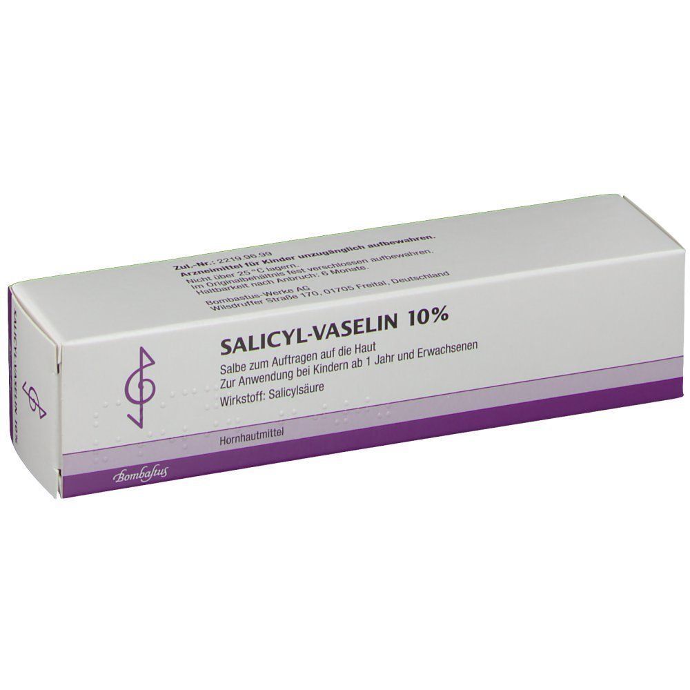 Karton Salicyl-Vaselin 10%. Aufschrift: Salbe zur Anwendung bei Haut ab 1 Jahr und Erwachsenen. Marke: Bombastus.