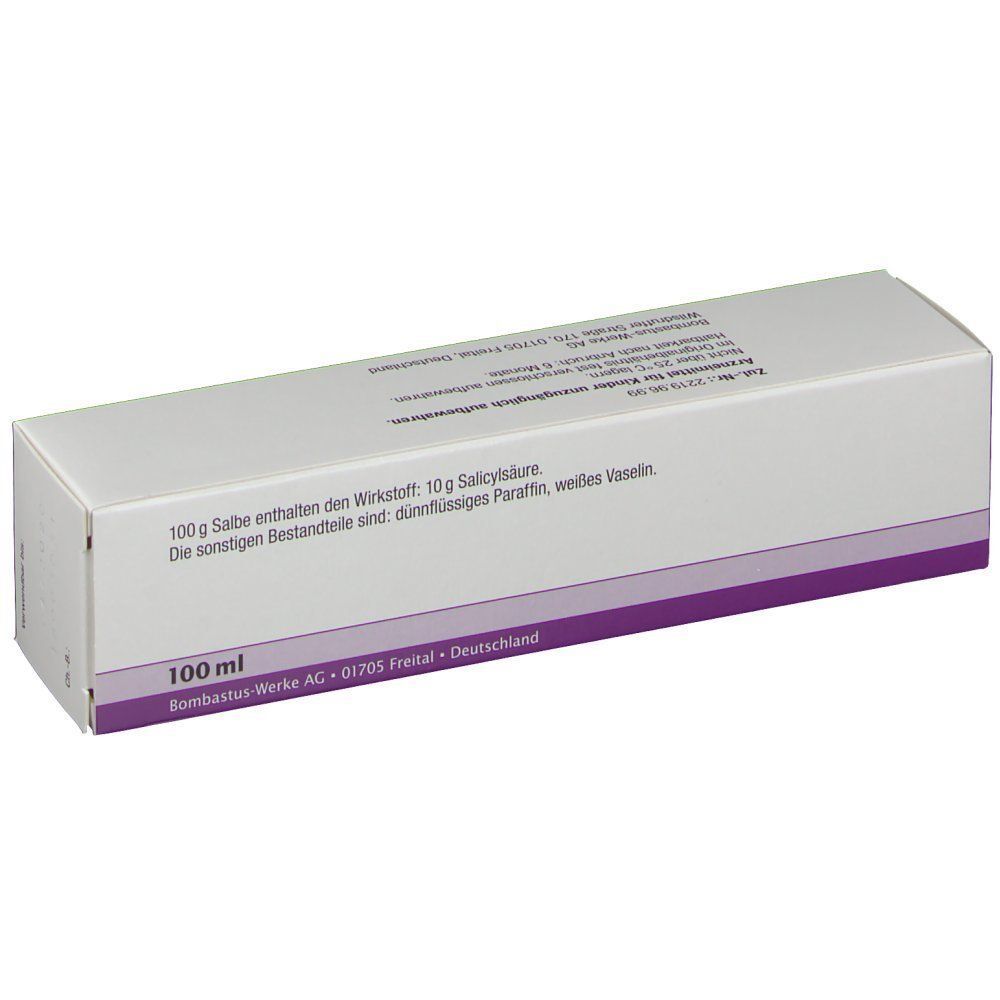 Karton Salicyl-Vaselin 10%. Aufschrift: 100 ml. Enthält 10g Salicylsäure. Marke: Bombastus.