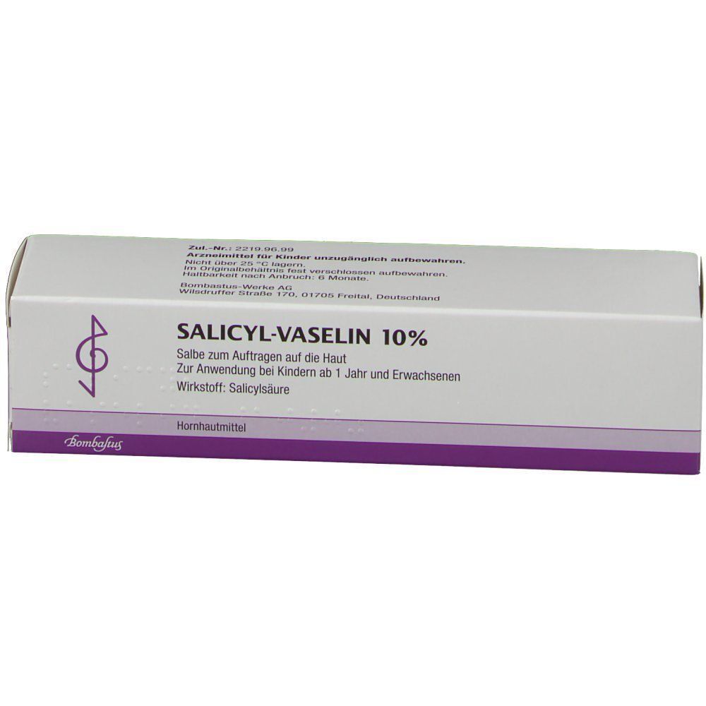 Karton Salicyl-Vaselin 10%. Aufschrift: Salbe zur Anwendung bei Haut ab 1 Jahr und Erwachsenen. Marke: Bombastus.