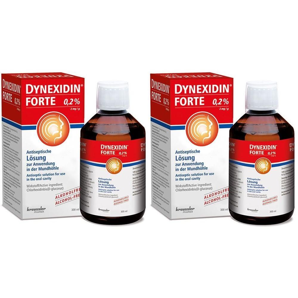 Zwei Flaschen und zwei Schachteln DYNEXIDIN FORTE 0,2 %. Rote und weiße Verpackung. Aufschrift: Antiseptische Lösung für die Mundhöhle.
