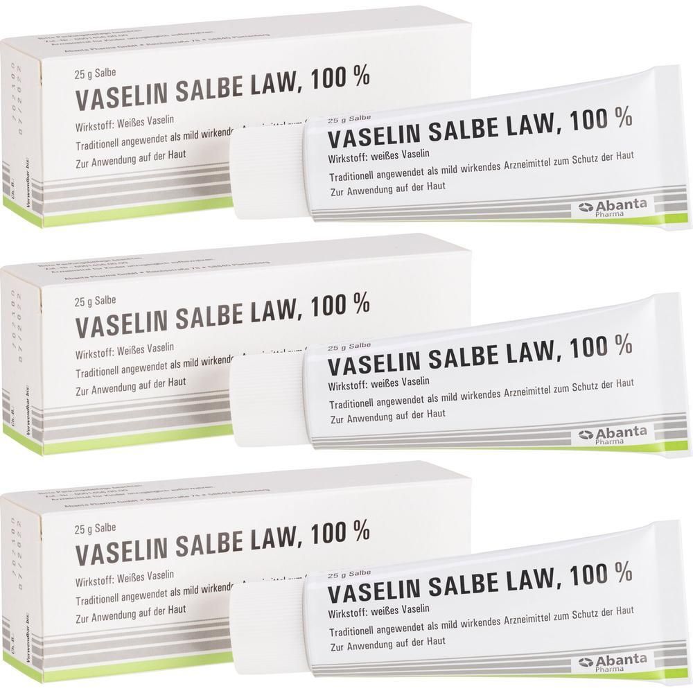 Drei Tuben und Schachteln mit Produktaufschrift. Text: Vaselin Salbe LAW, 100 %. Abanta Pharma Logo.