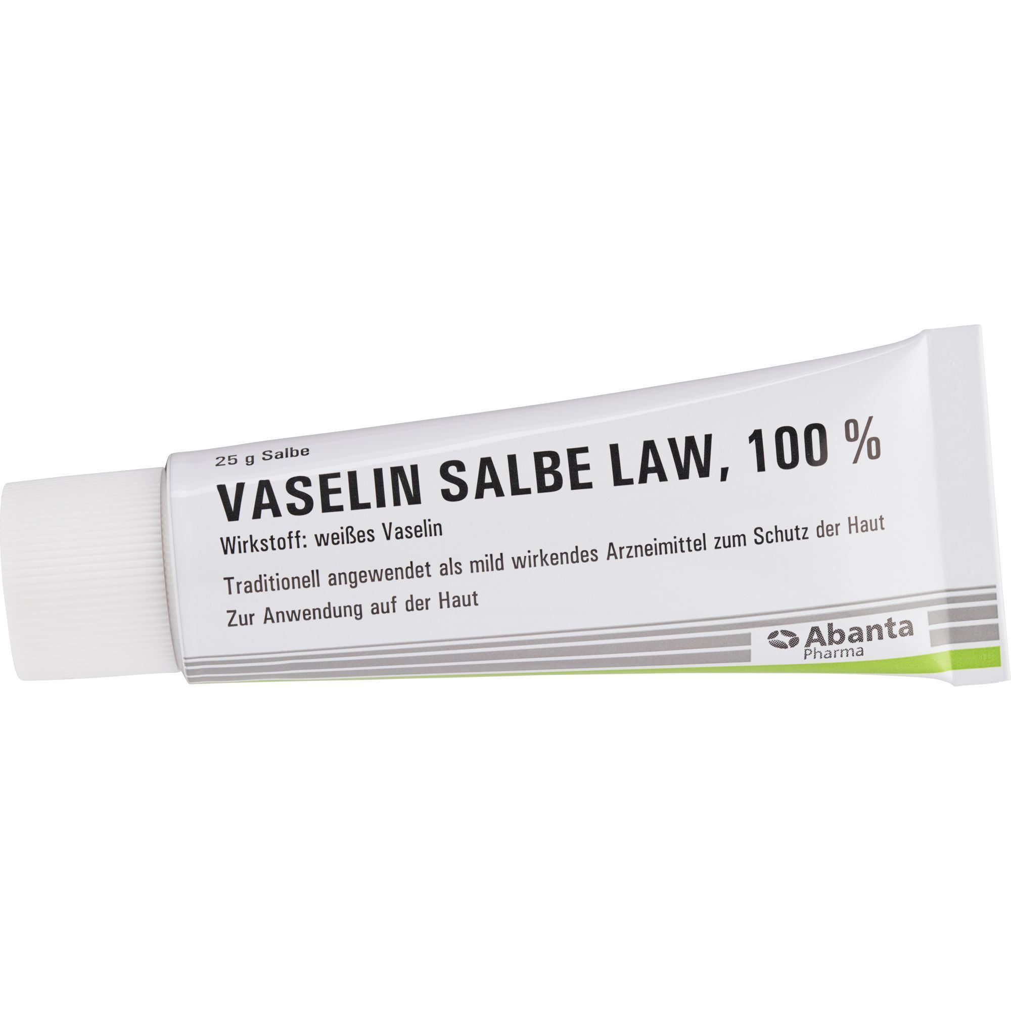 Tube mit Produktaufschrift. Text: Vaselin Salbe LAW, 100 %. Abanta Pharma Logo. Weißer Hintergrund.