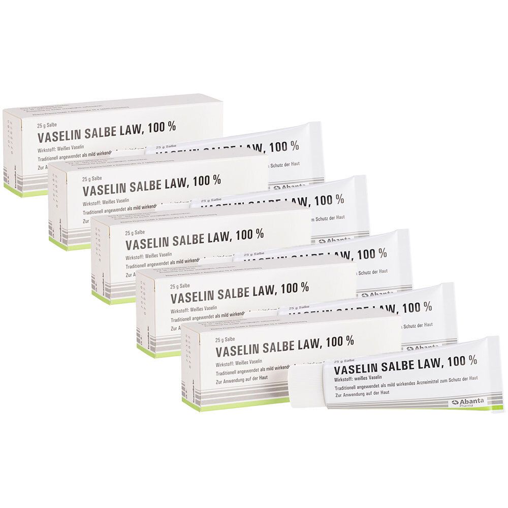 Mehrere Packungen Vaselin Salbe LAW, 100 %. Weiße Schachteln mit Produktnamen und Text. Abanta Pharma Logo.