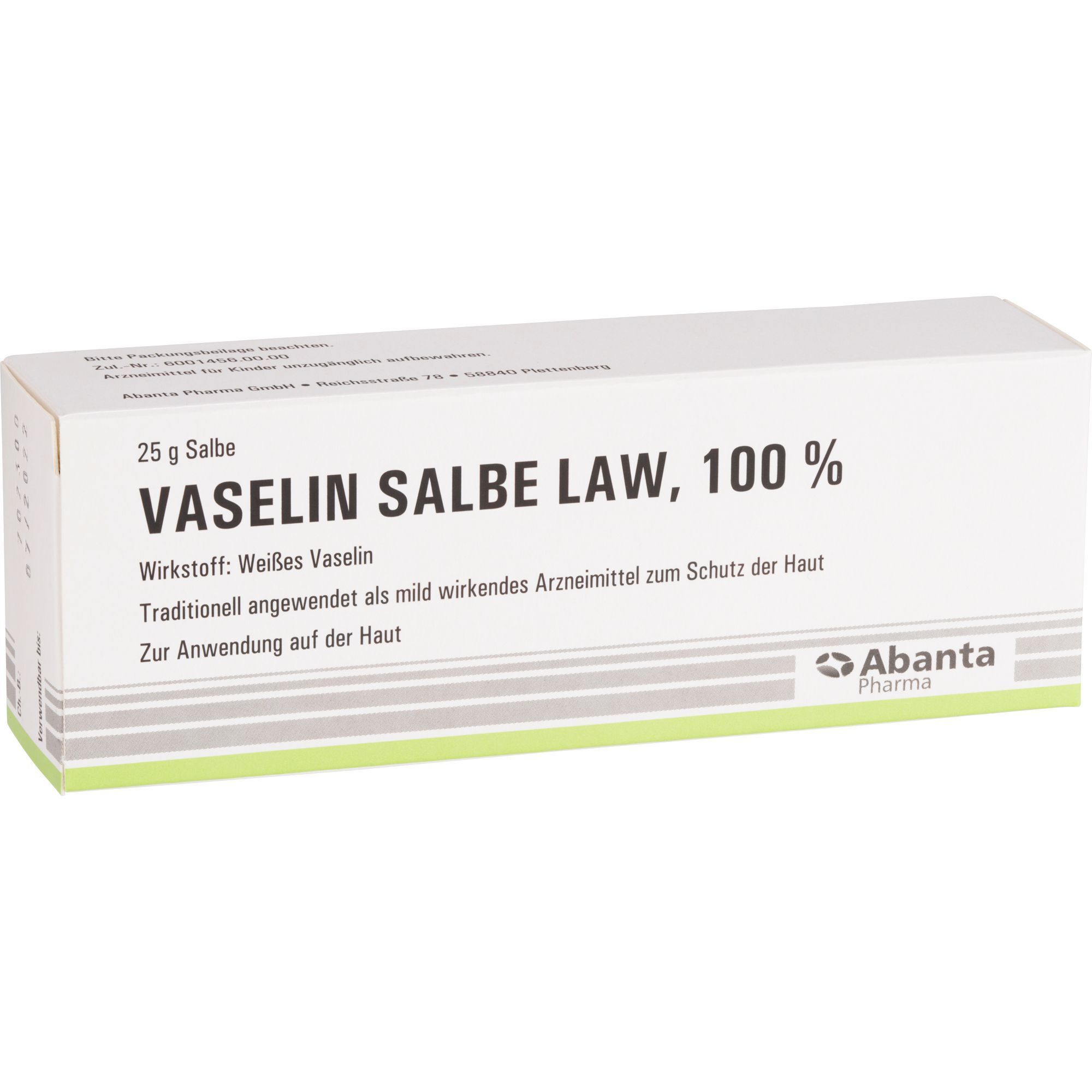 Packung Vaselin Salbe LAW, 100 %. Weiße Schachtel mit Produktnamen und Text. Abanta Pharma Logo.