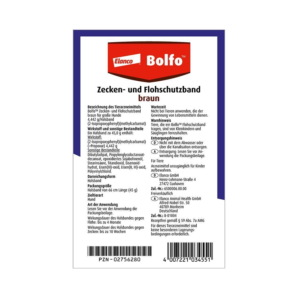 Rückseite der Bolfo-Verpackung. Textinformationen über das Produkt, Inhaltsstoffe und Hersteller.