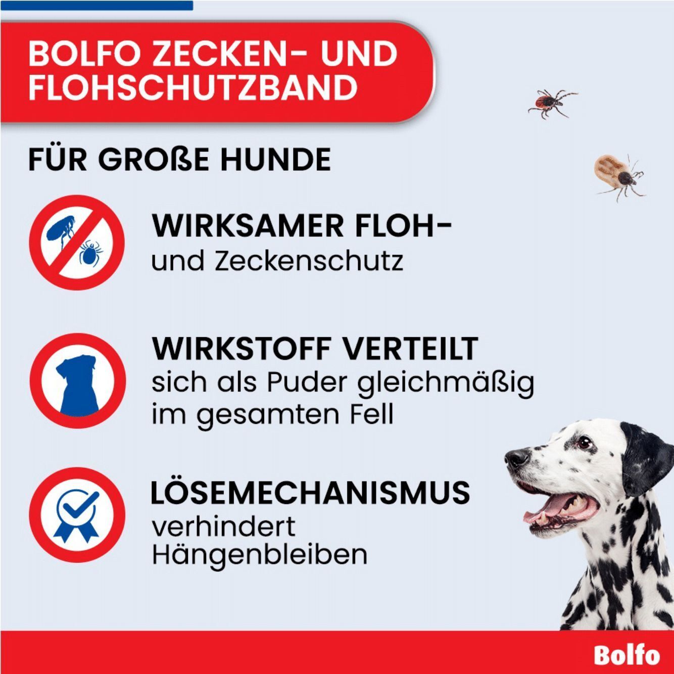 Infografik: Bolfo Zecken- und Flohschutzband. Wirksamer Schutz, Wirkstoffverteilung, Lösemechanismus.