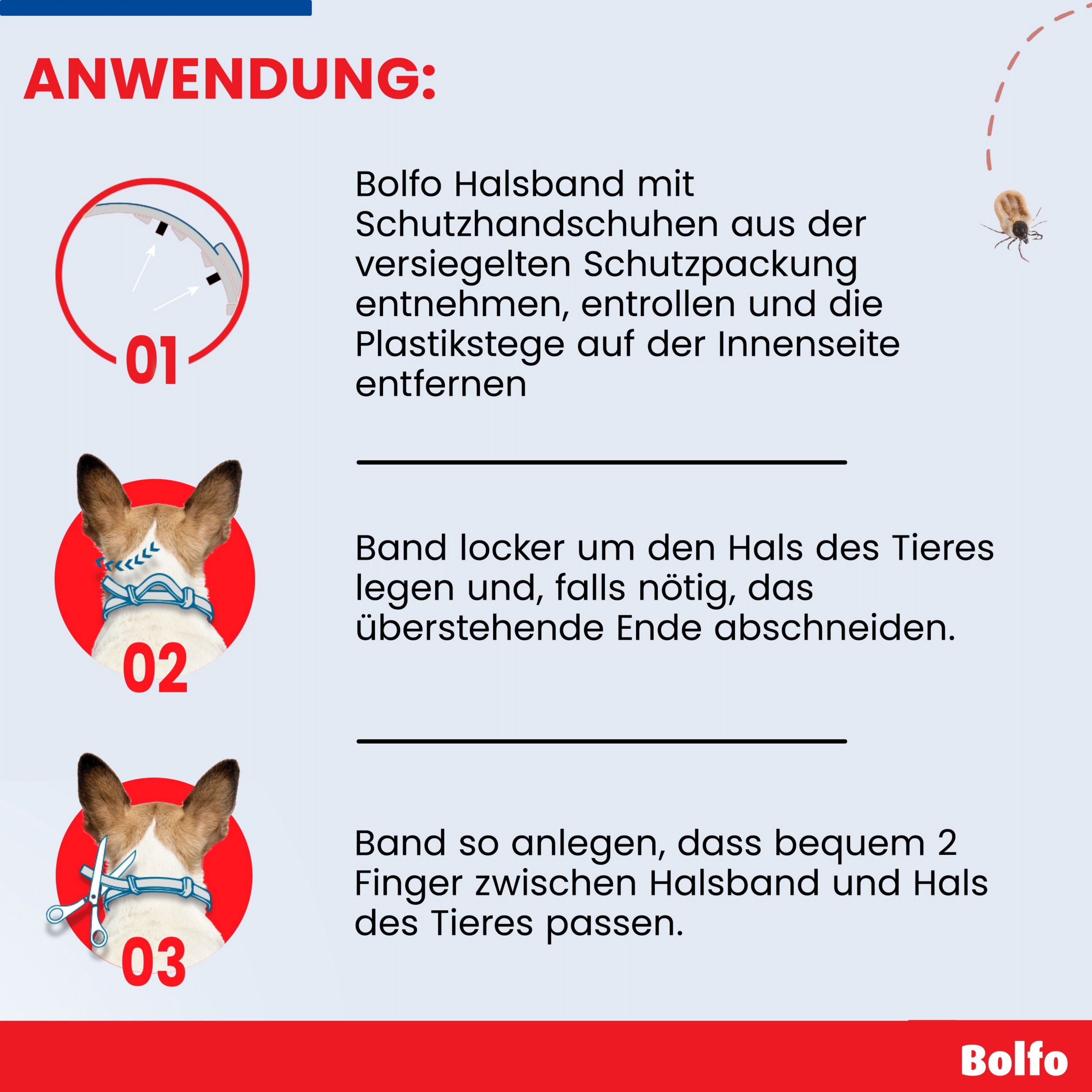 Anleitung zur Anwendung des Bolfo Halsbands. Drei Schritte mit Illustrationen und Text.