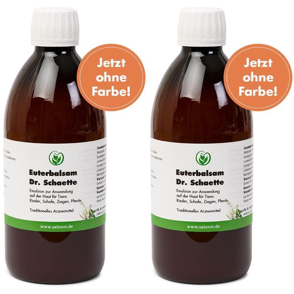 Zwei braune Flaschen mit weißem Deckel. Aufschrift: Euterbalsam Dr. Schaette. Orangefarbener Aufkleber: Jetzt ohne Farbe!