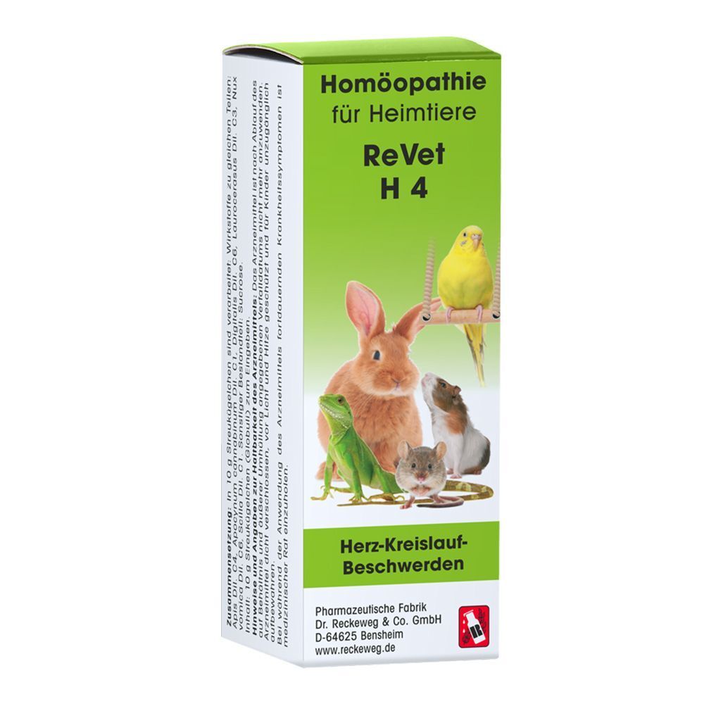 Grüne Schachtel mit Aufschrift: ReVet H 4 Herz-Kreislauf-Beschwerden. Homöopathie für Heimtiere. Abbildung von Tieren.
