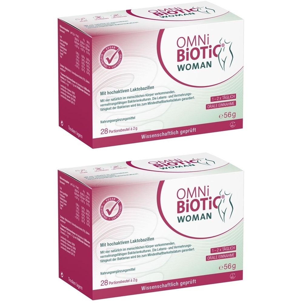 Zwei Packungen OMNi-BiOTiC® WOMAN. Weiße Schachteln mit pinkfarbenen Akzenten. Aufdrucke: Logo, Produktname, Informationen und Siegel.