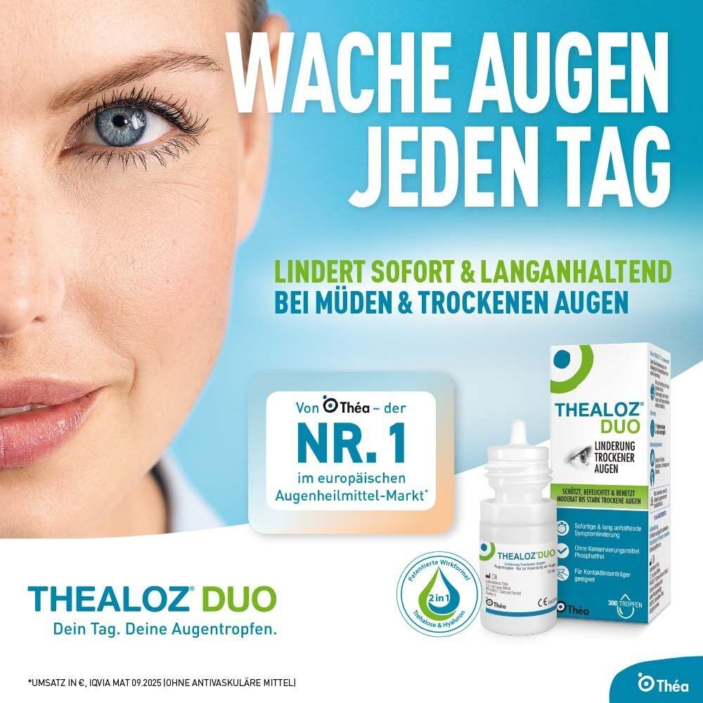 Nahaufnahme eines Auges mit Textwerbung für Thealoz Duo Augentropfen.