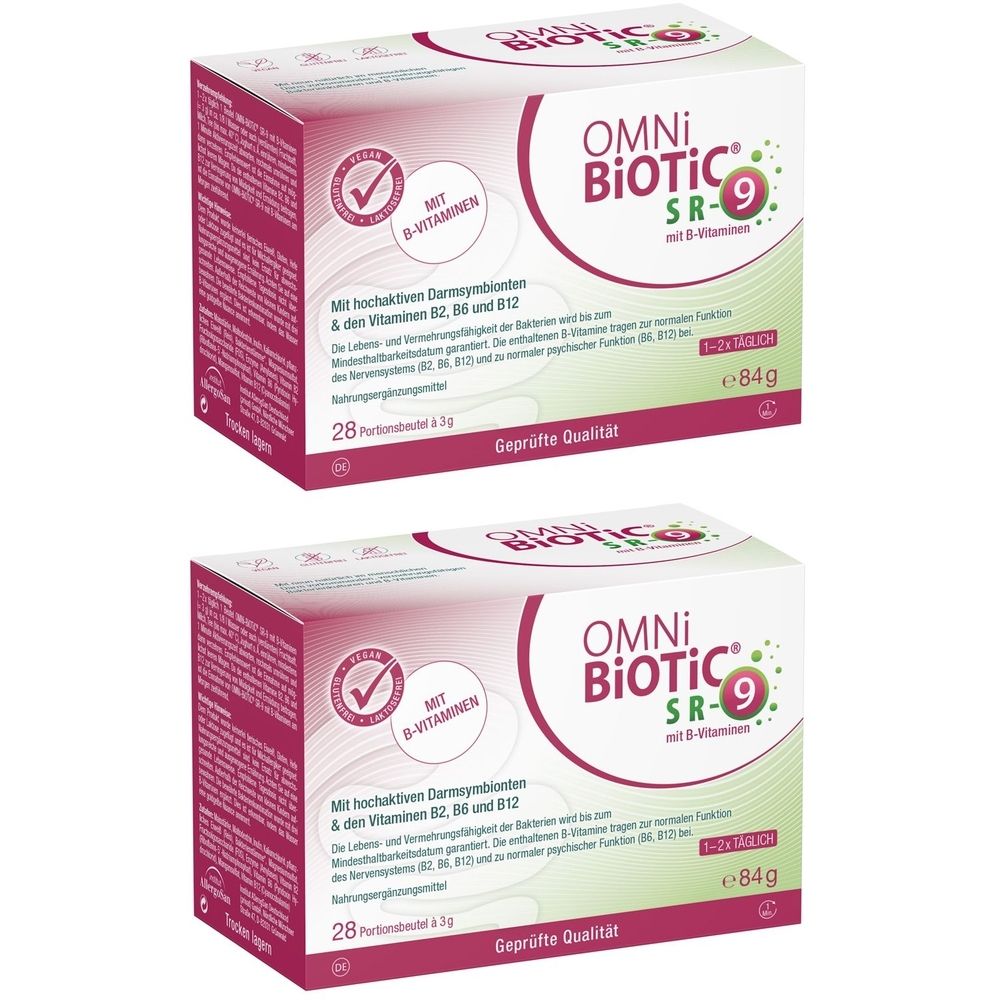 Zwei Packungen OMNi BiOTiC SR-9. Weiße Schachteln mit roter Schrift und Logo. Enthält B-Vitamine. Aufschrift: Geprüfte Qualität.
