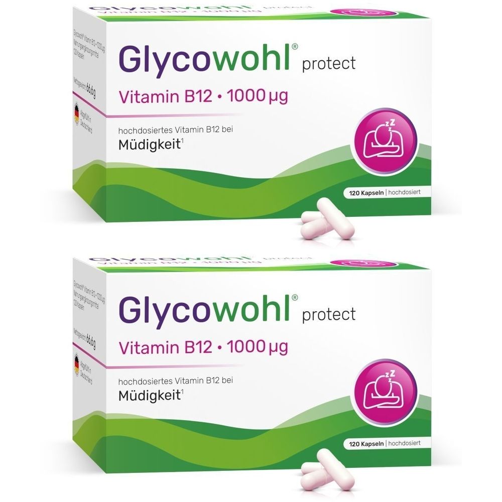 Zwei Schachteln Glycowohl protect Vitamin B12. Aufschrift: 1000 μg, bei Müdigkeit. Daneben Kapseln.