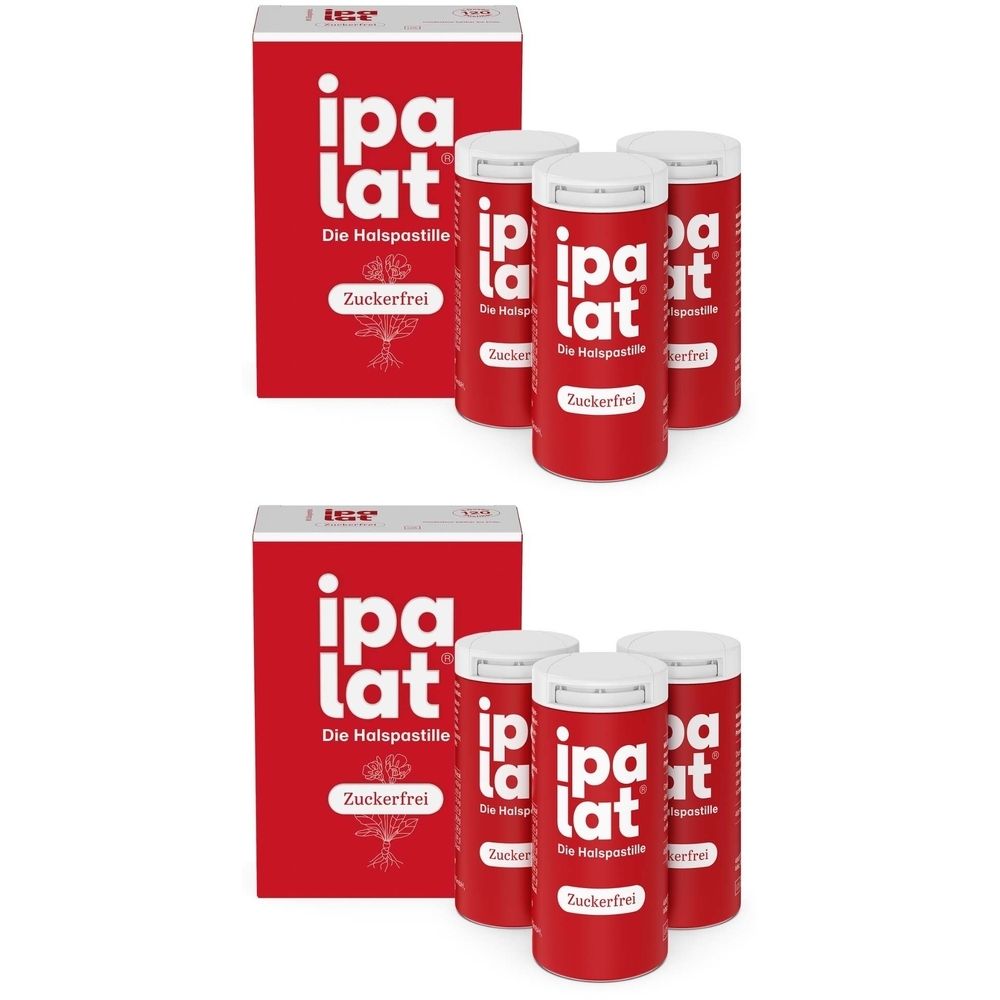 Zwei Packungen und sechs Dosen ipalat® Halspastillen Zuckerfrei. Rote Verpackung mit weißer Schrift.