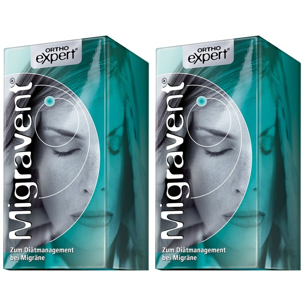 Zwei Packungen Migravent® Kapseln. Aufdruck: Ortho Expert, Migravent, Zum Diätmanagement bei Migräne. Abbildung einer Frau mit Migräne.
