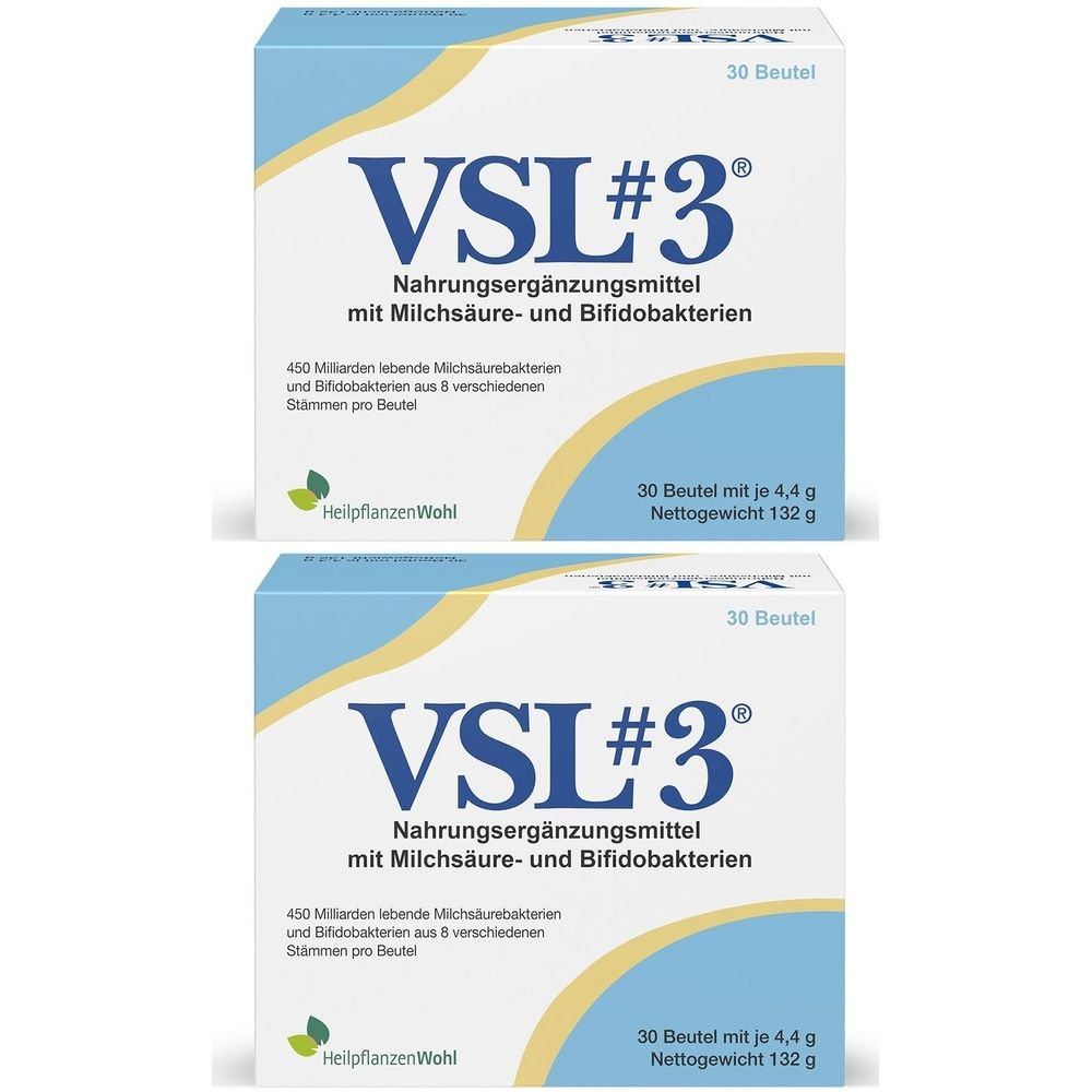 Zwei weiße Kartons mit VSL#3-Logo und Text. Aufschrift: Nahrungsergänzungsmittel mit Milchsäure- und Bifidobakterien. 30 Beutel.