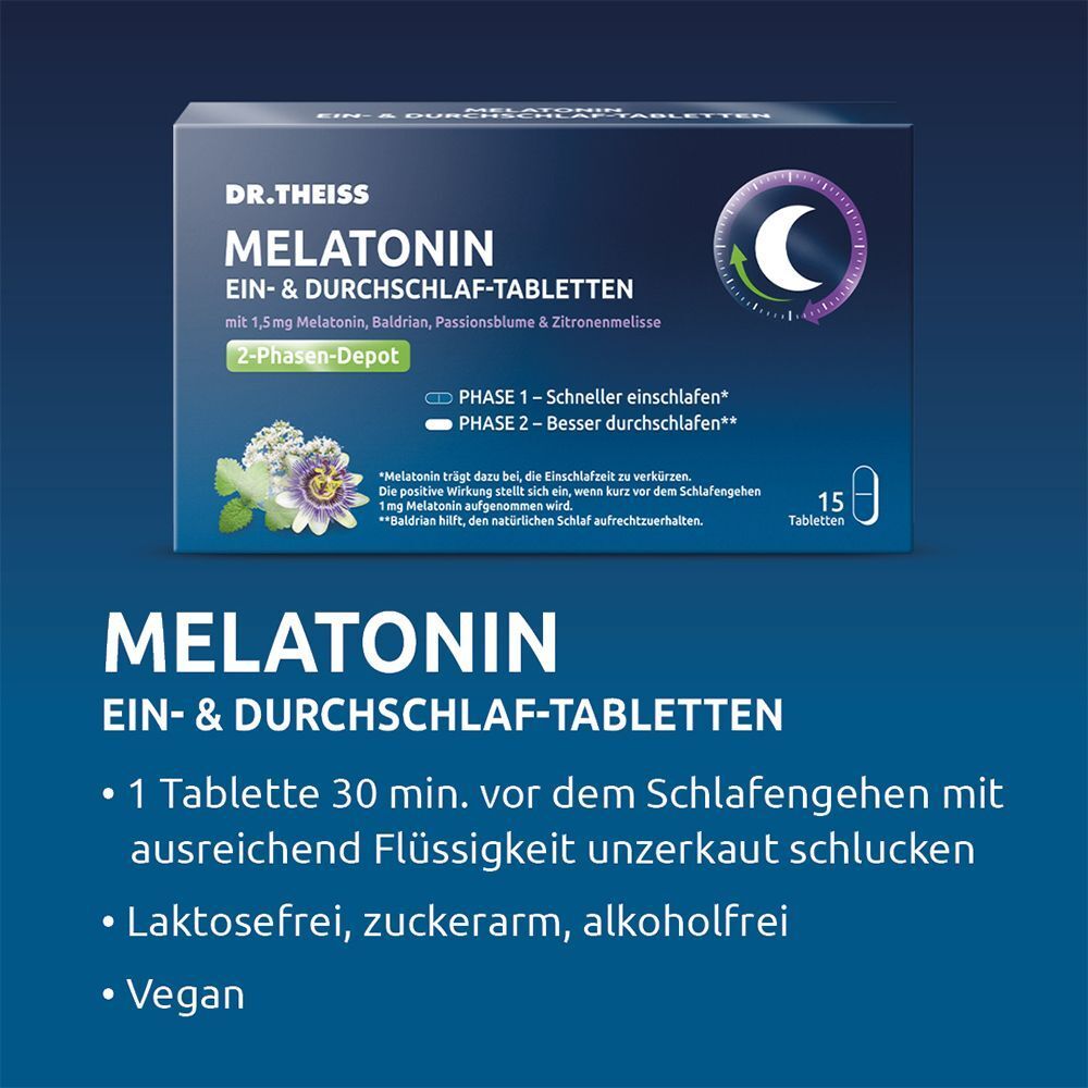 DR. THEISS MELATONIN EIN- & DURCHSCHLAF-TABLETTEN Packung mit Einnahmehinweisen und Eigenschaften.