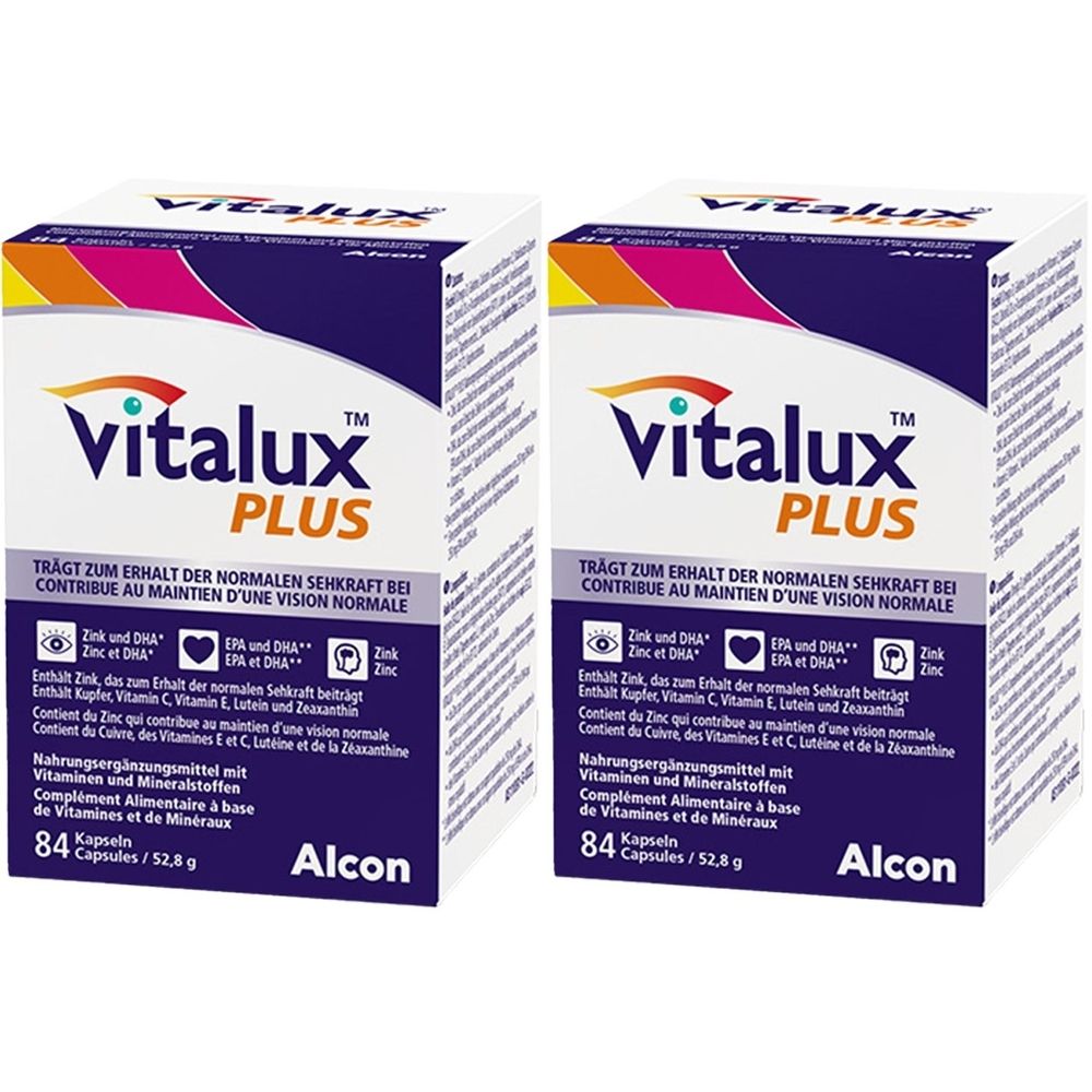 Zwei Schachteln Vitalux® Plus. Aufschrift: Trägt zum Erhalt der normalen Sehkraft bei. Enthält 84 Kapseln. Marke Alcon.