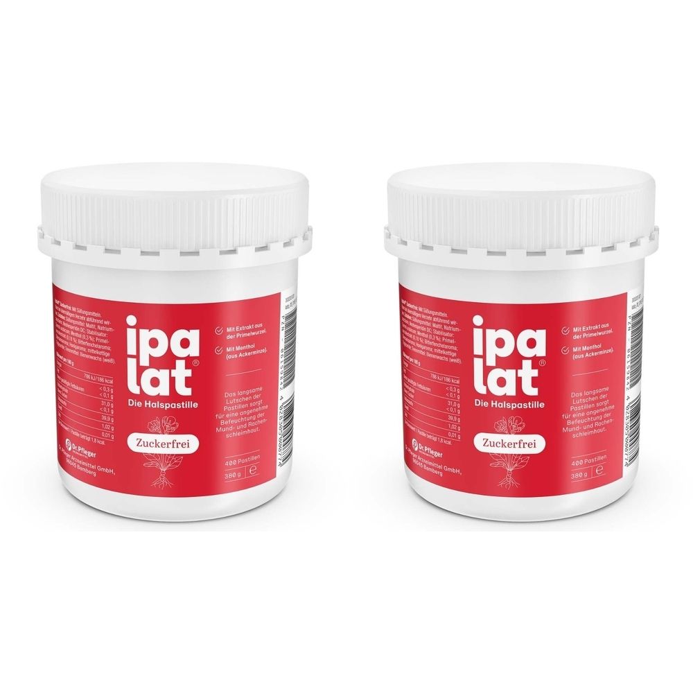 Zwei weiße Behälter mit rotem Etikett. Aufschrift: ipalat, Die Halspastille, zuckerfrei. Deckel mit Rillen.