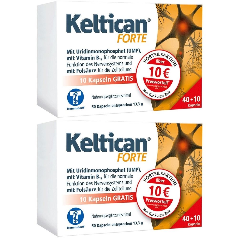 Zwei weiße Schachteln mit Keltican Forte. Aufschrift: Uridinmonophosphat, Vitamin B12 und Folsäure. 40+10 Kapseln. Vorteil: 10€.