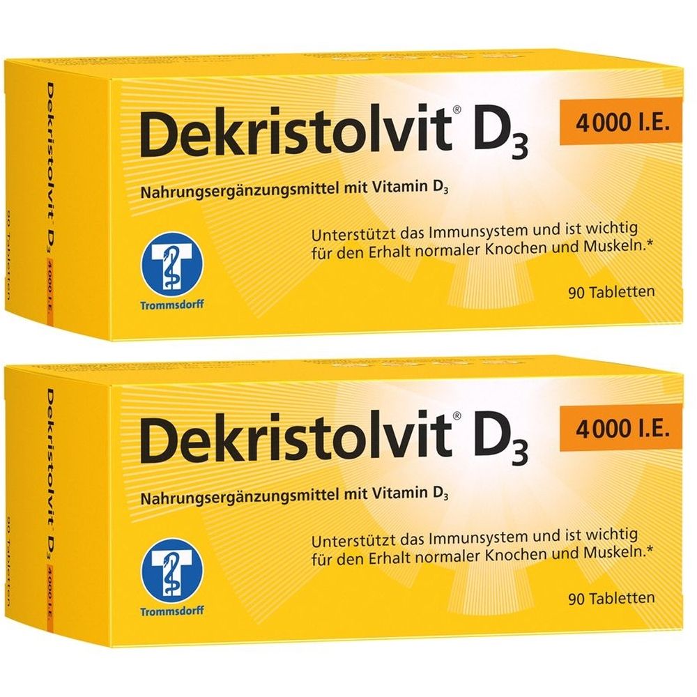 Zwei gelbe Schachteln mit der Aufschrift "Dekristolvit D3 4000 I.E.". Enthält 90 Tabletten. Nahrungsergänzungsmittel mit Vitamin D3.