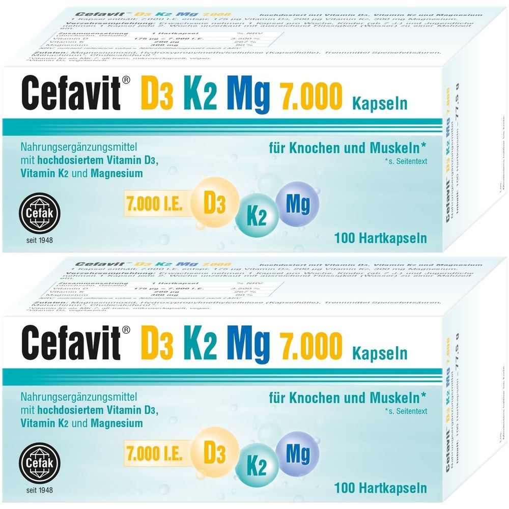 Zwei Schachteln Cefavit D3 K2 Mg 7.000 Kapseln. Aufschrift: Nahrungsergänzungsmittel mit Vitamin D3, K2 und Magnesium. 100 Hartkapseln.
