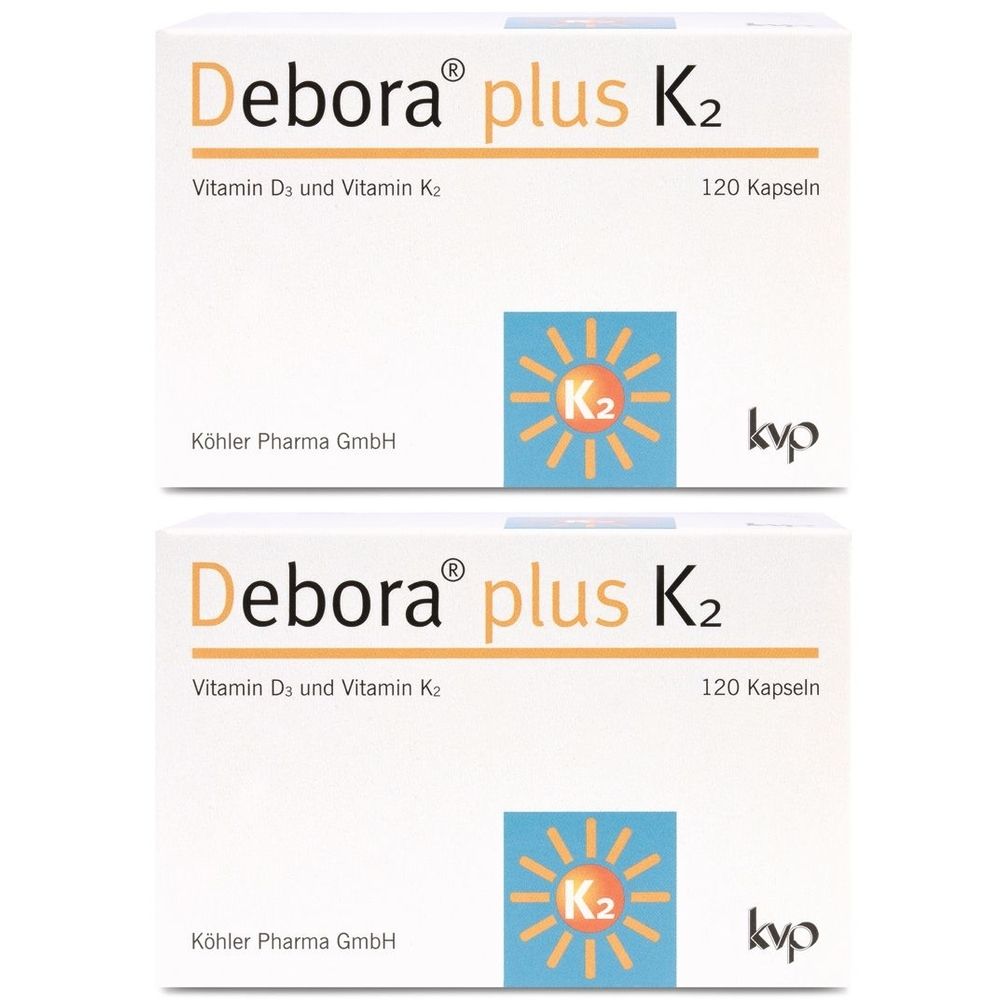 Zwei Schachteln Debora® plus K2. Aufschrift: Vitamin D3 und Vitamin K2, 120 Kapseln. Logo mit K2 und Sonne.