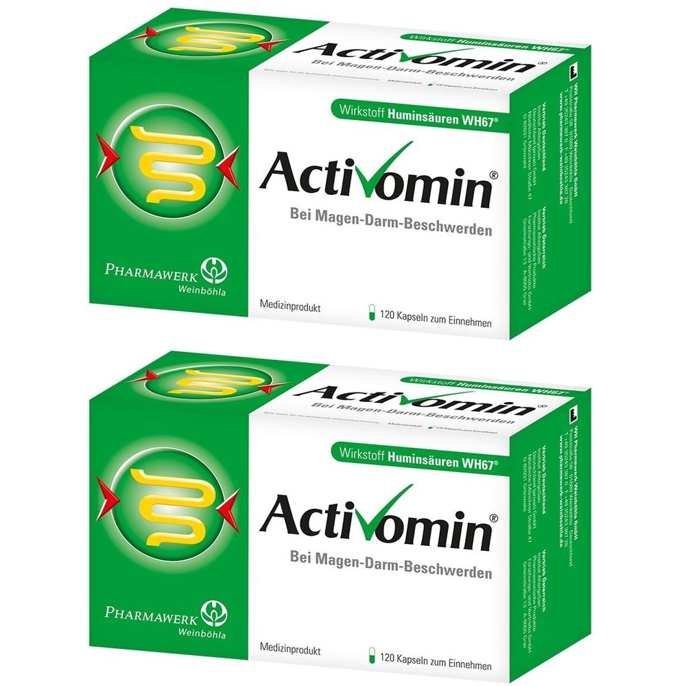 Zwei grüne und weiße Schachteln mit Activomin-Kapseln. Aufschrift: Bei Magen-Darm-Beschwerden. Enthält 120 Kapseln.