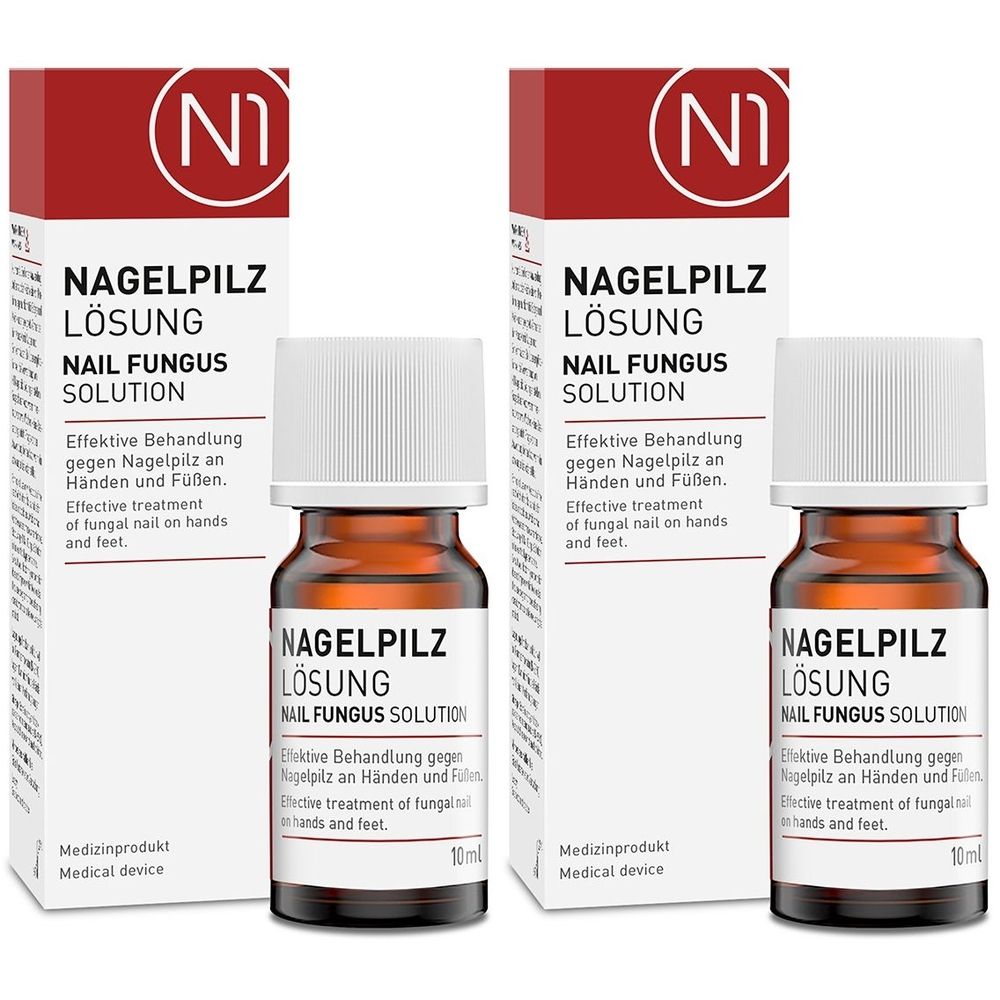 Zwei Flaschen Nagelpilz-Lösung mit Verpackung. Aufschrift: Nagelpilz Lösung, Nail Fungus Solution. Medizinprodukt.