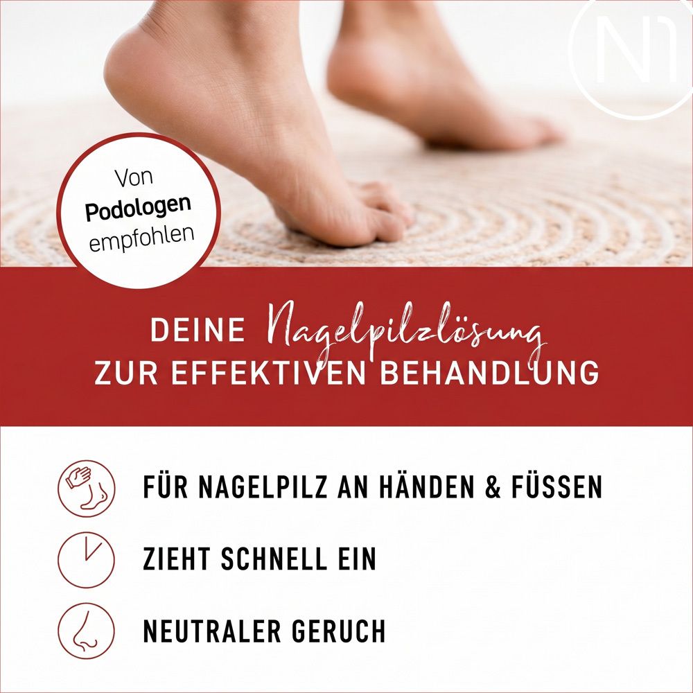 Füße mit Nagellack-Flasche. Empfohlen von Podologen. Für Hände und Füße.