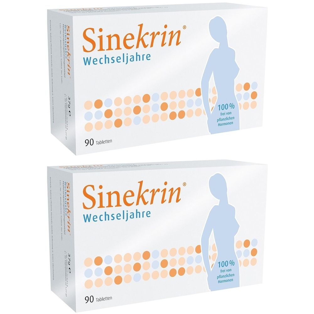 Zwei Schachteln Sinekrin® Wechseljahre Tabletten. Weiße Verpackung mit orangefarbenem Schriftzug und Frauenfigur.