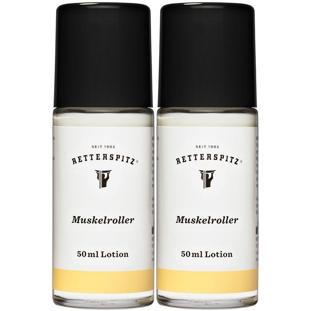Zwei Flaschen mit schwarzem Deckel. Aufschrift: RETTERSPITZ, Muskelroller, 50ml Lotion. Gelber Farbverlauf am Boden.