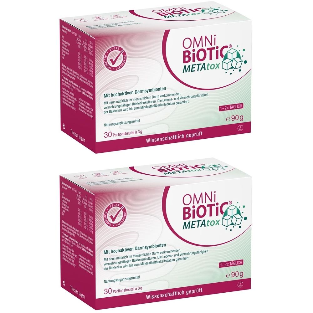 Zwei Kartons OMNi-BiOTiC METAtox. Weiß-lila Verpackung mit Produktnamen und Inhaltsangaben. 30 Portionen.