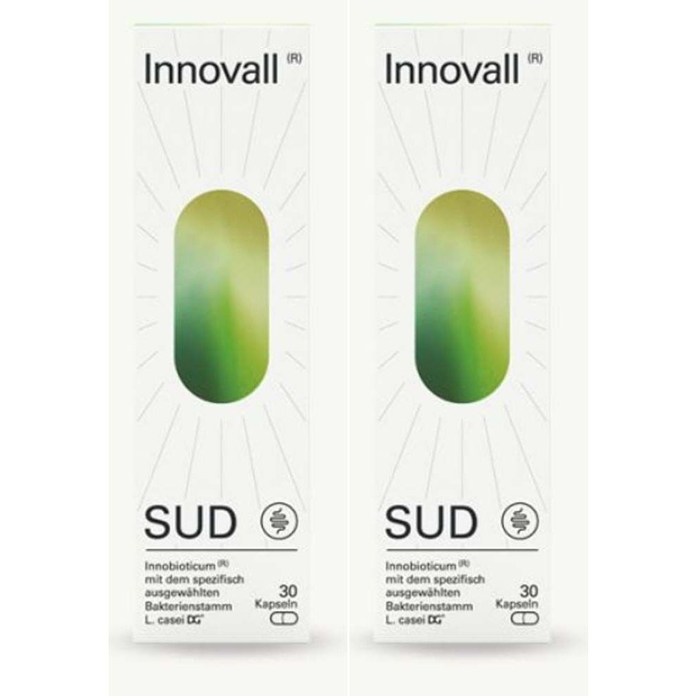 Zwei Packungen Innovall® SUD. Weiße Verpackung mit grünem Oval. Text: SUD, 30 Kapseln. Enthält Bakterienstamm L. casei DG.