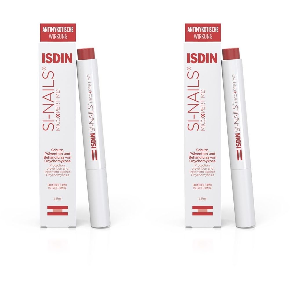 Zwei weiße Stifte mit roter Kappe und Verpackung. Auf der Verpackung steht ISDIN SI-NAILS MicoXpert.