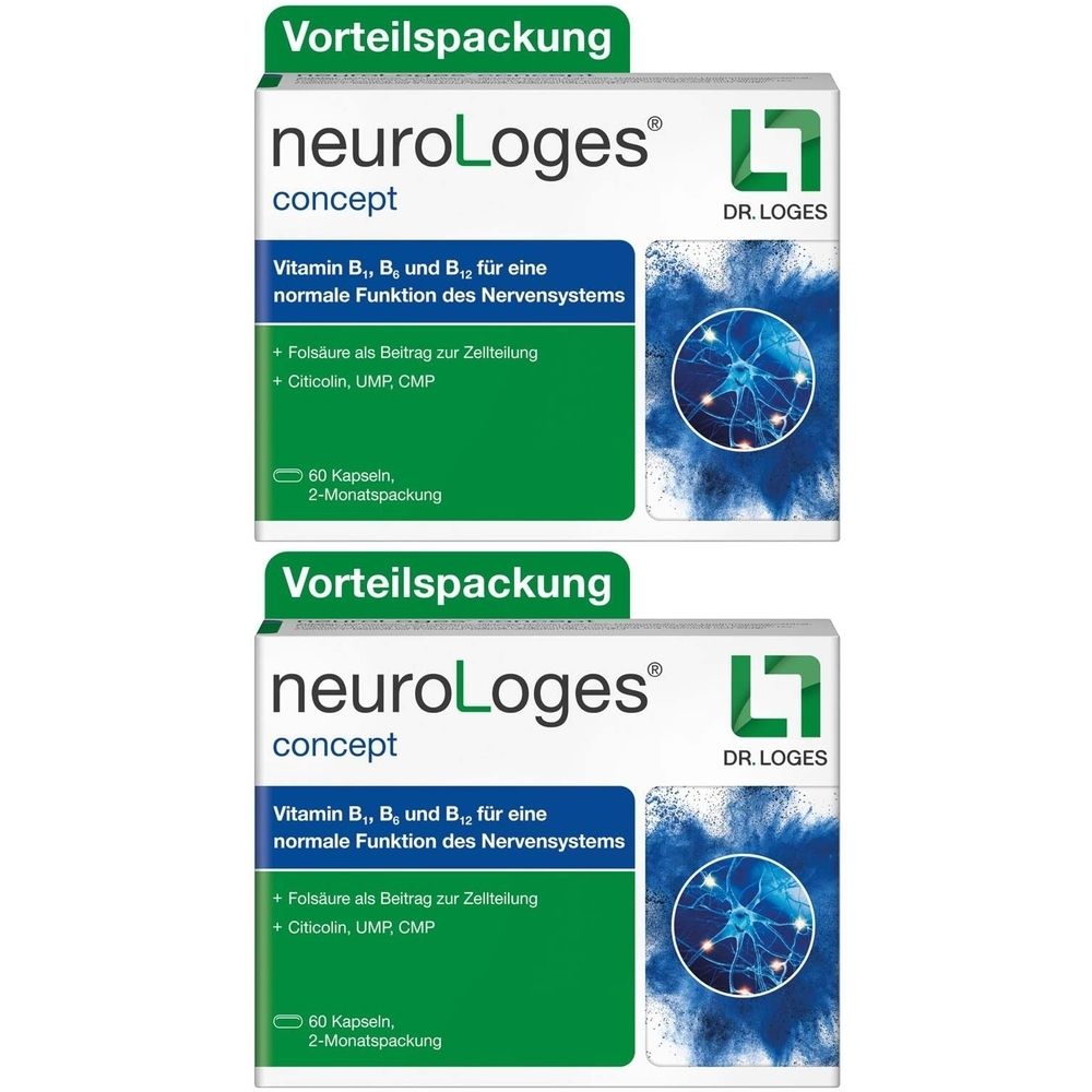 Zwei Packungen neuroLoges concept. Aufschrift: Vitamin B, B6, B12 für normale Funktion des Nervensystems. Enthält 60 Kapseln. Vorteilspackung.